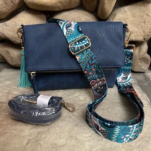 ❄️NEW BLUE FAUX SUEDE SMALL CROSSBODY WALLET BAG PURSE❄️